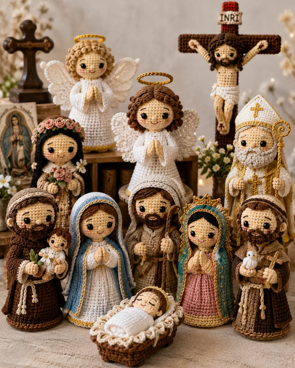 Colección de amigurumis religiosos: ángel, Jesús, Virgen María y crucifijo
